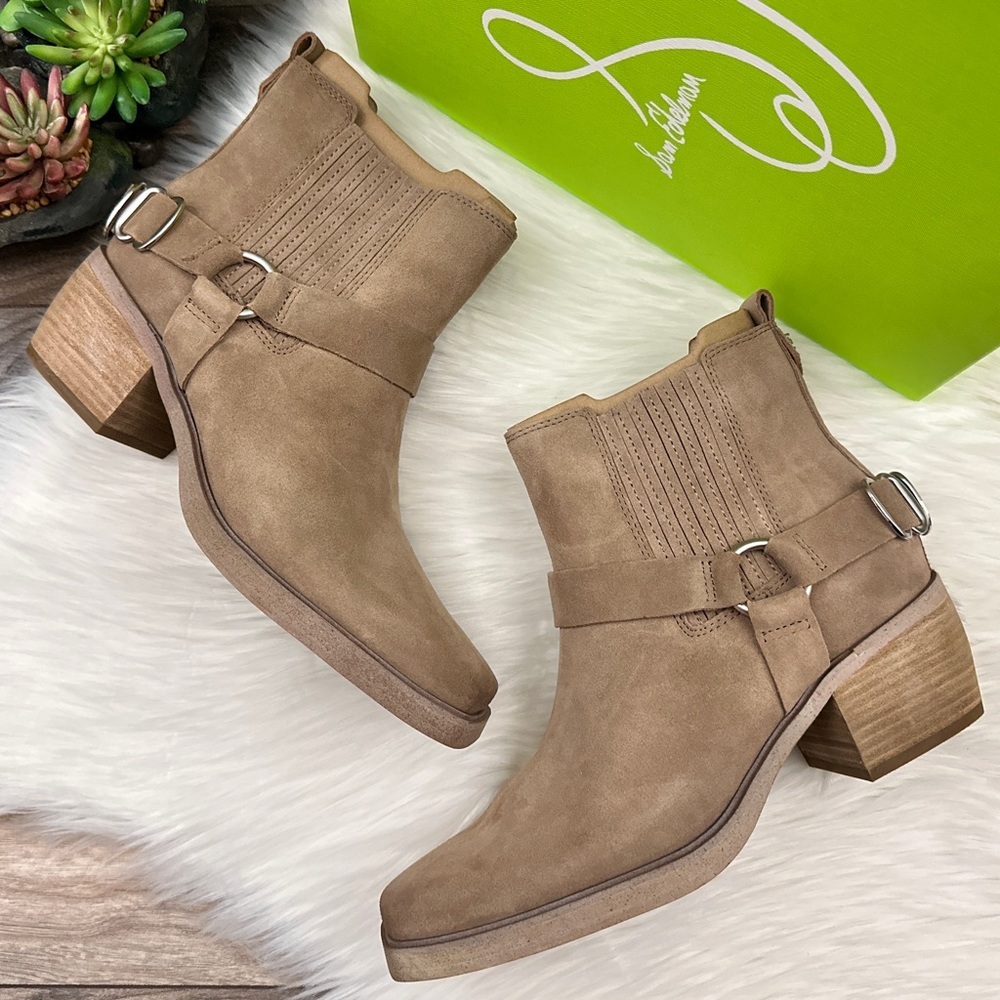 NIB Sam Edelman Bellamie Western Harness Cowgirl Ankle Boots Deep Taupe